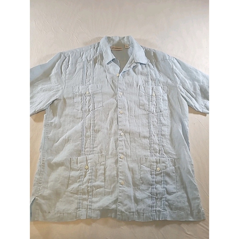 Caribbean Light Blue Hawaiian Short Sleeve Button Up Linen Size Large 4 Pockets